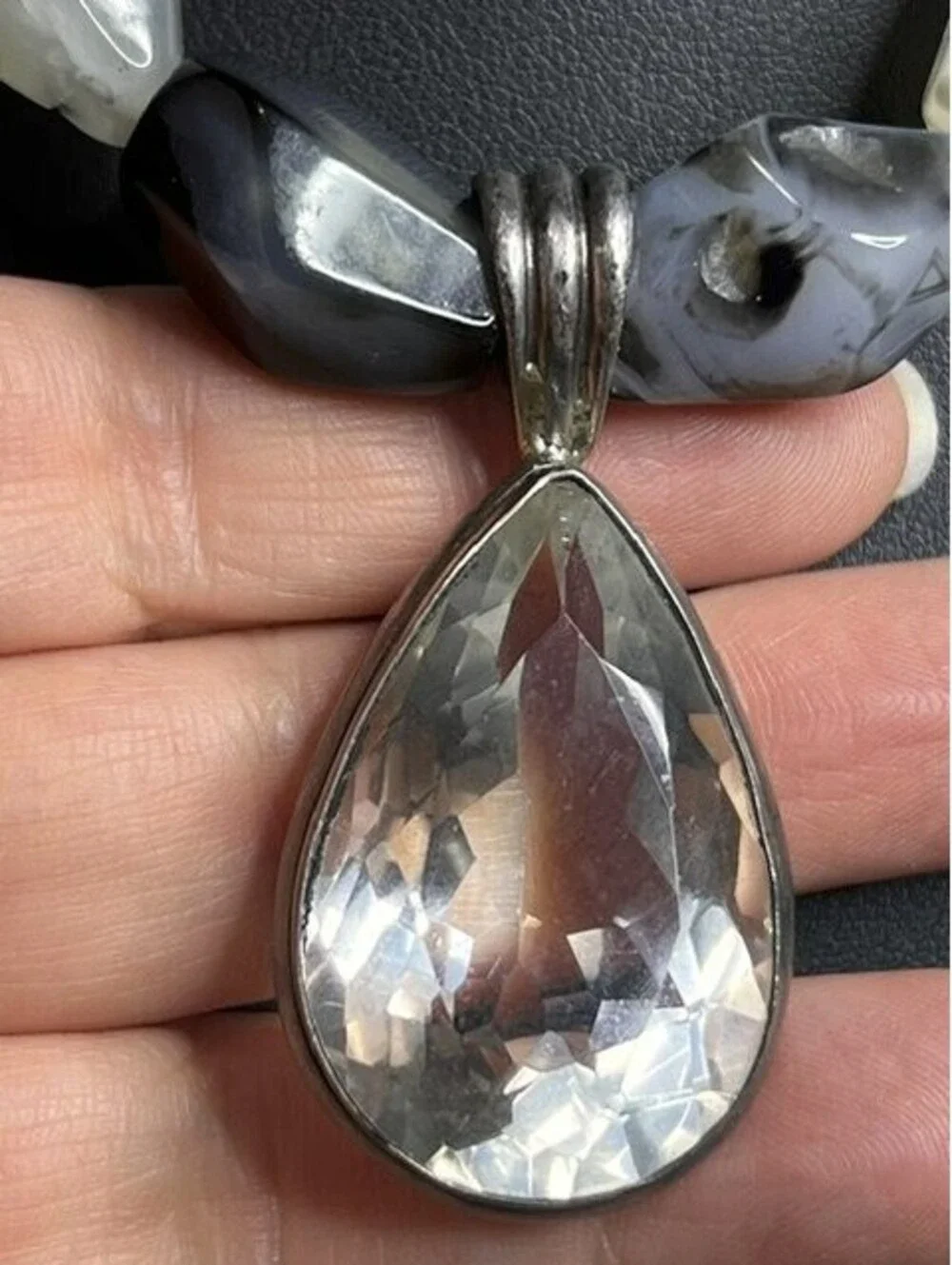 B6561 Vintage Statement Necklace Sterling Silver Rock Crystal Agate Pendant 17